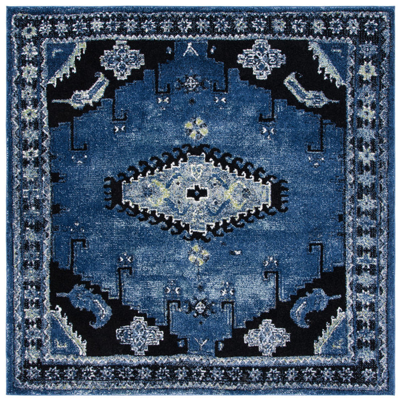 Tapis bleu / noir Southwestern, Carré 6 pi 7 po