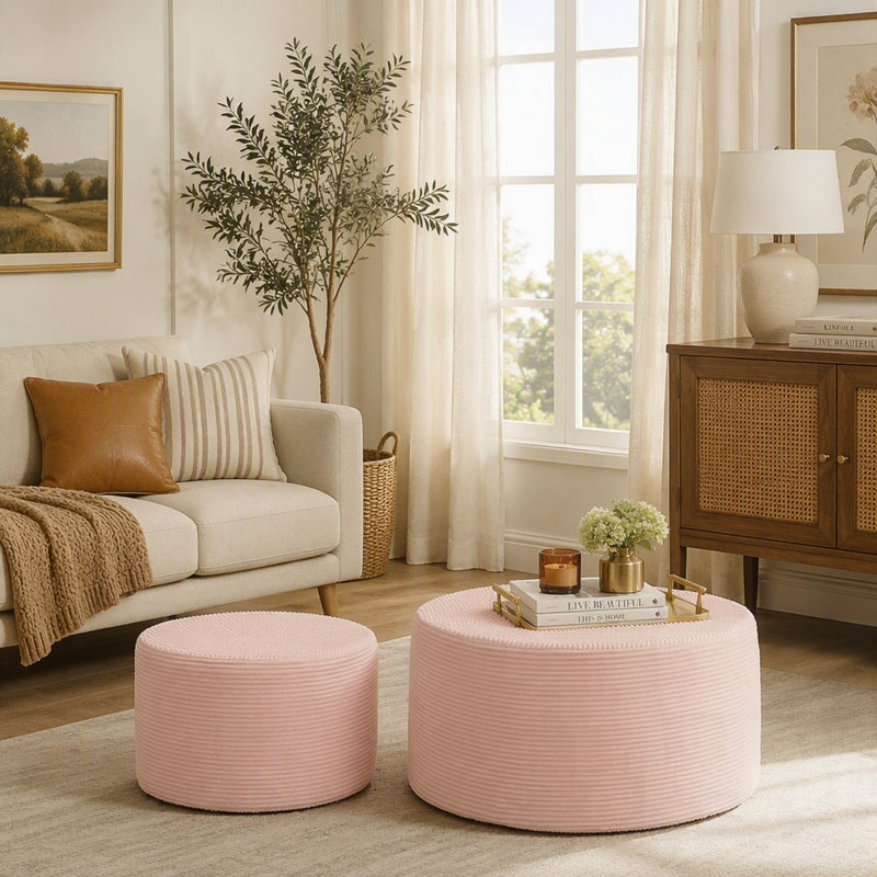 Ensemble de 2 tabourets cylindriques rembourrés avec repose-pieds décoratif rond pour le salon et la chambre à coucher, Pink