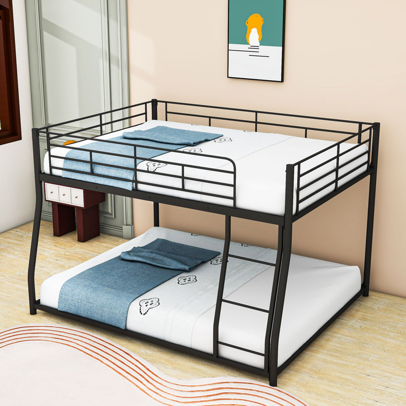 Metal Floor Bunk Bed With Ladder And Guardrails, Full XL Over Queen