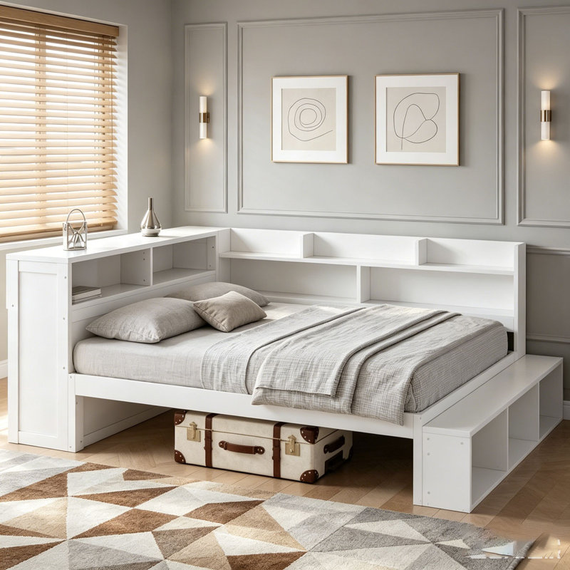 Lit de jour double avec armoires de rangement, armoire à chaussures et ports USB, Blanc