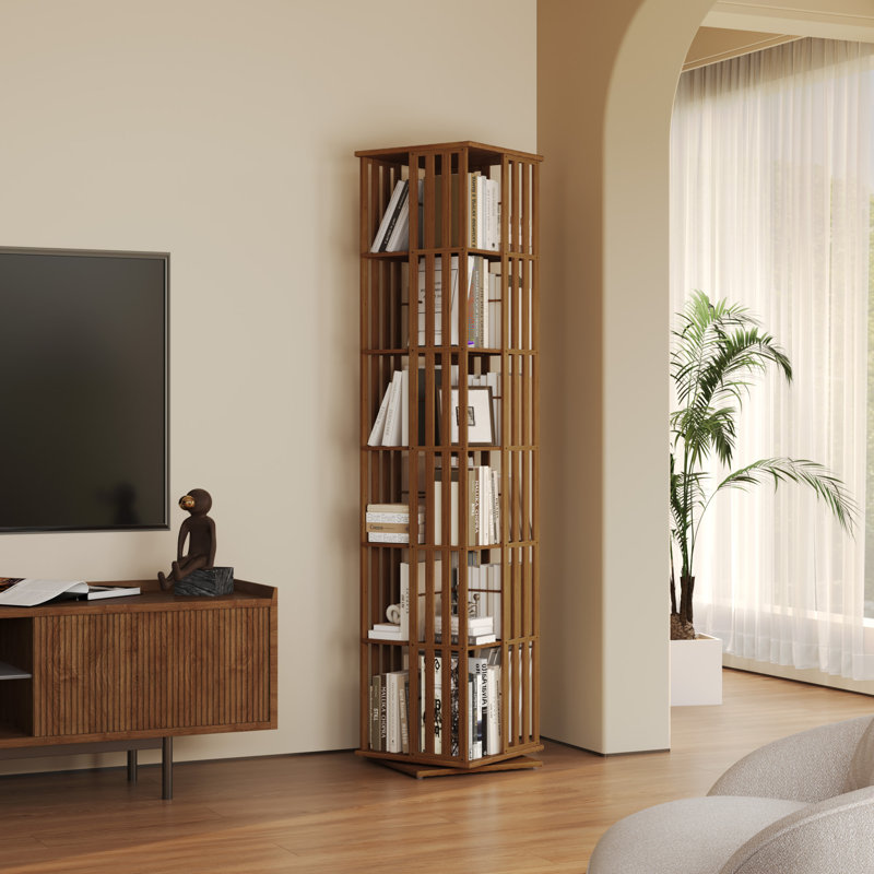 Rotating Bookcase Tower, 6 Tier Walnut Bamboo Corner Bookshelf With Display Organizer & Floor Storage Rack, 360°Swivel Narrow Space-Saving Design