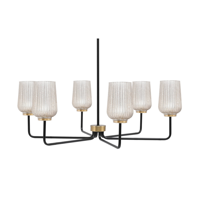 Lustre 6 lumières Amarmula, noir mat et laiton vieilli, verre texturé argenté de 5 po, Argenté/Transparent, Noir/laiton