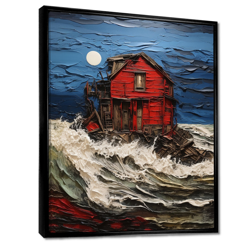 Red Beach House Wild Waves Full Moon I - impression d'art mural plage et océan, Toile avec cadre flottant noir