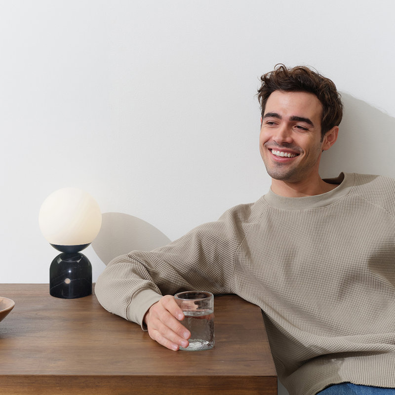 Mila 9.85 in. Mid-Century Modern LED Bedside Table Lamp with Black Marble and Frosted Globe Shade - Bundle Set of 2, Black
