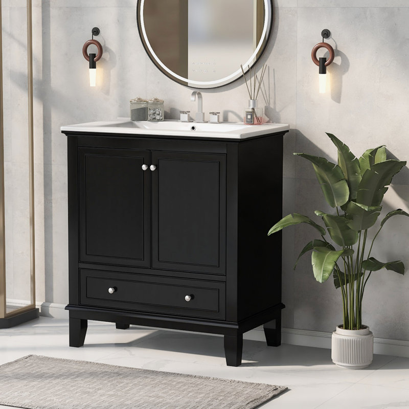 30 Inch Bathroom Vanity With Sink, Multi-Functional Storage Cabinet, Solid Wood And MDF Board, Black Finish