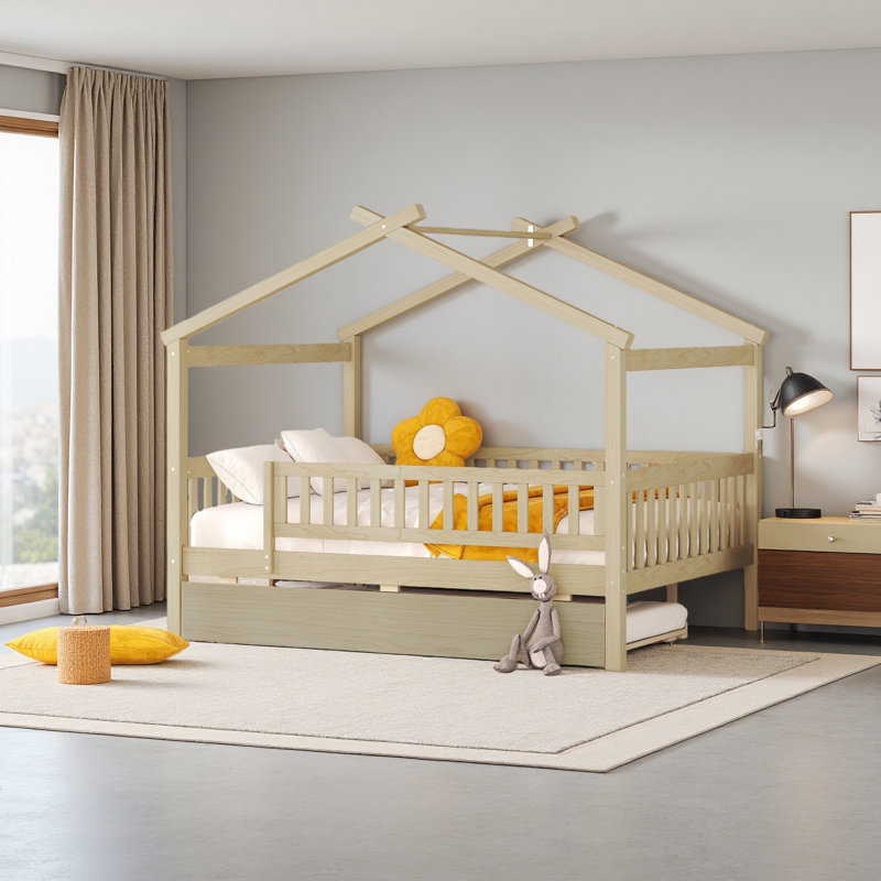 Wooden House Bed With Twin Size Trundle, Natural, Full