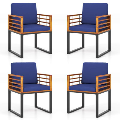 Acacia Wood Outdoor Dining Chairs Set of 4 with Soft Cushions & Metal Frame