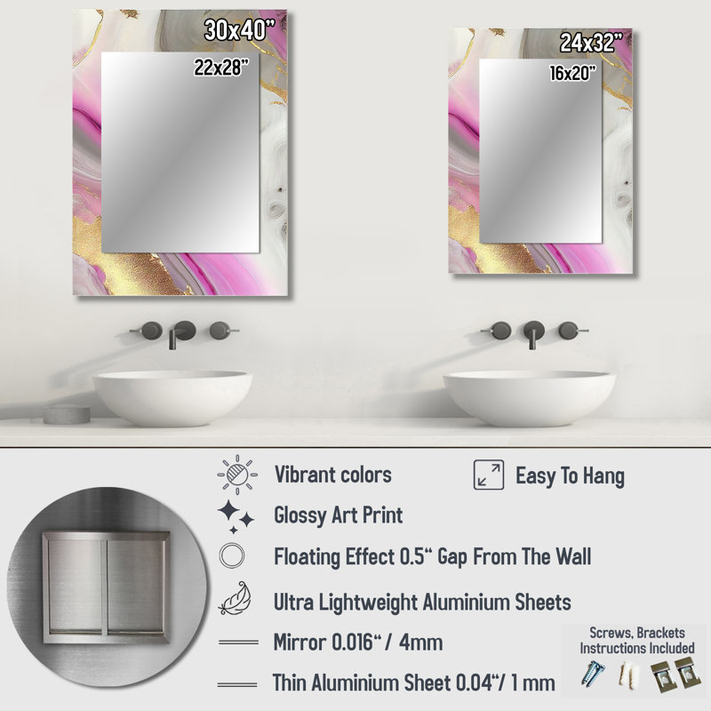 Pink And Gold Marble Abstract II - Marble Decorative Mirror, Pink Large Wall Mirror, Printed Metal Art, 40" x 30"