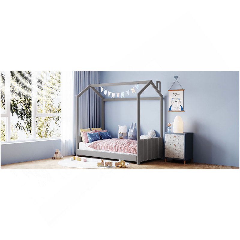 Lit simple en bois et velours, gris, Gris, Lit simple