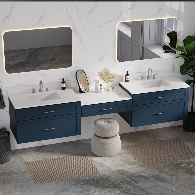 Meuble-lavabo mural flottant double 102 po avec comptoir en quartz Carrara, Bleu