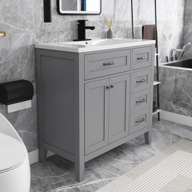 36” Freestanding Single Bathroom Vanity with Top, Gray