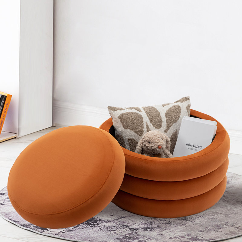 Hasset Round Footstool Ottoman, Soft  Round Ottoman, Footrest Stool, Orange Velvet