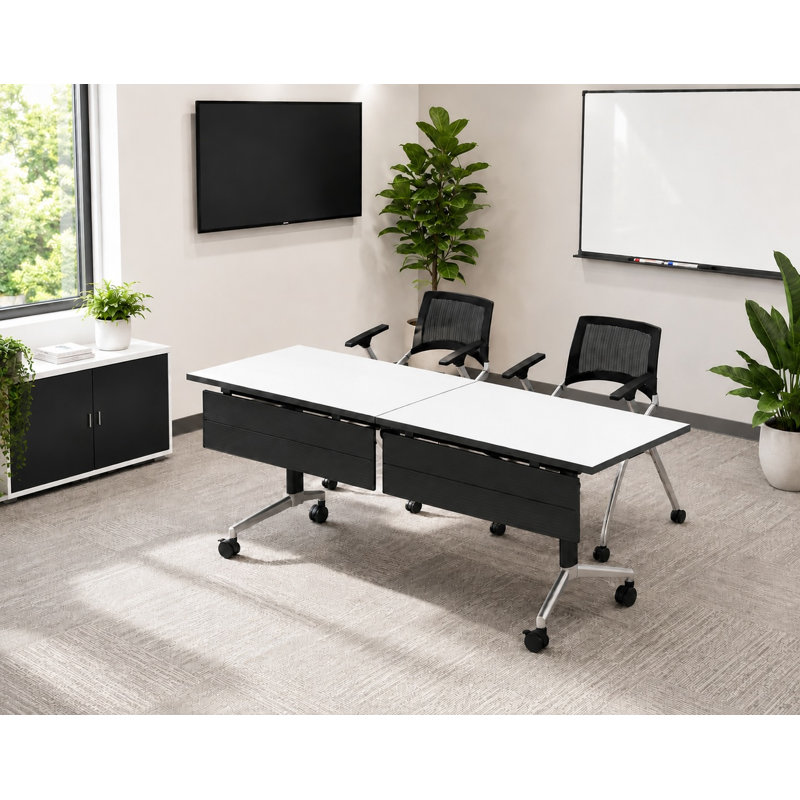 Table de formation commerciale commerciale avec chaises électriques et gigognes intégrées | Ensemble de 1 table et 2 chaises | Table gigogne pliable 80 po | Roulettes verrouillables | Mobilier de salle de conférence et de classe | Blanc | Sièges 2