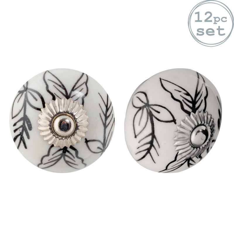 Nicola Spring - Round Ceramic Cabinet Knobs - Black Leaves