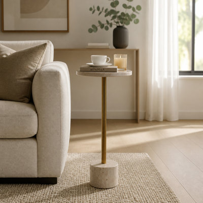 Elegant Travertine Top Accent Side Table for Living Room - Modern Small Table with Stone Base for Bedroom, Narrow End Table Design - 28", Gold & Ivory