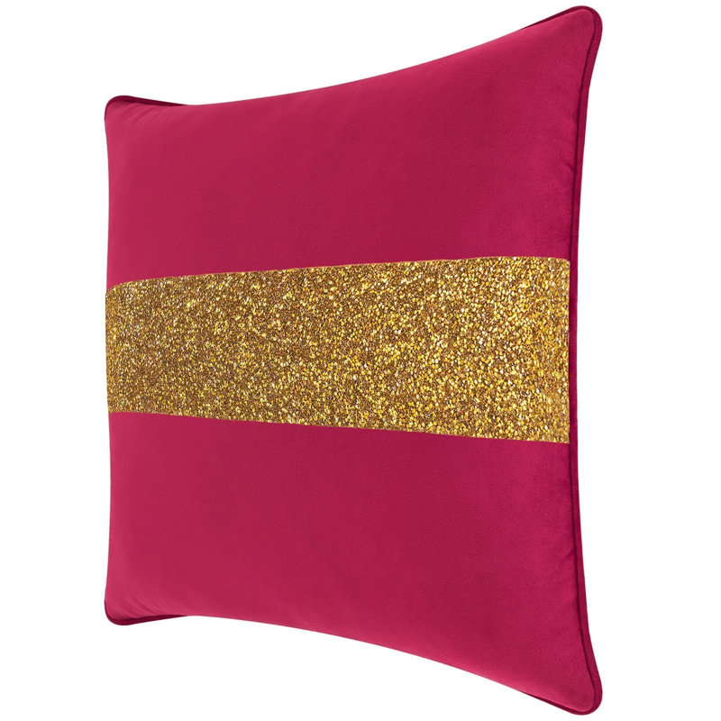 Coussin lumineux avec rayures strass - velours, Carré 20 po, Velours fuchsia / doré