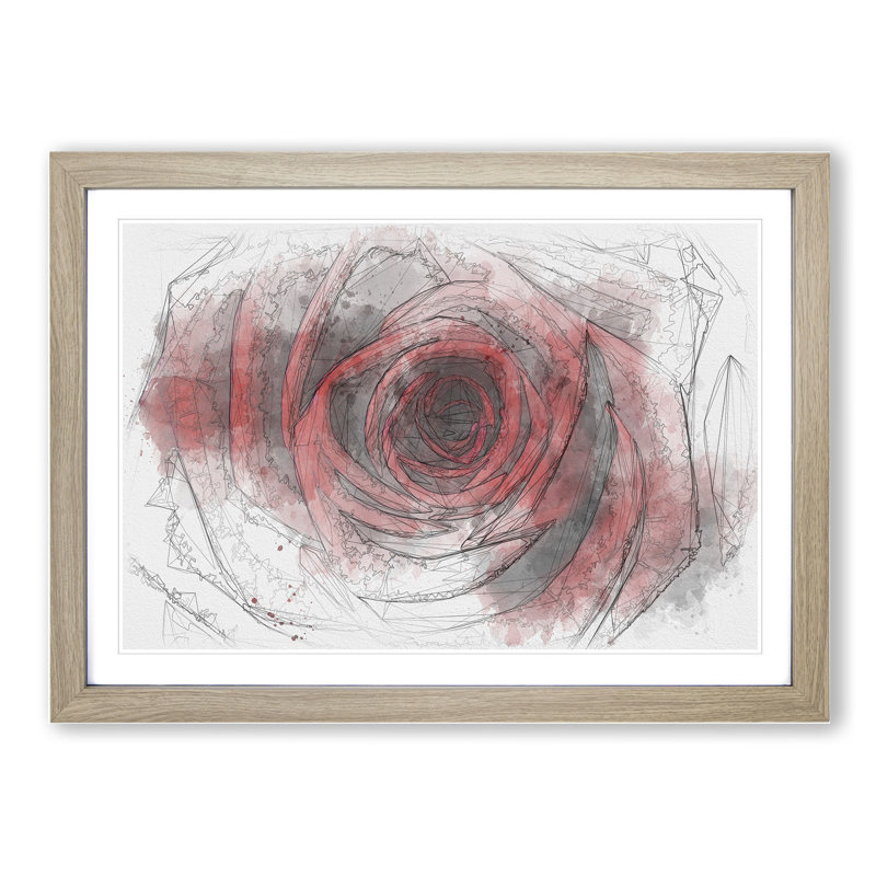 Red Rose Flower Vol.5 - Picture Frame Drawing, Oak Framed, 65cm H x 90cm W x 2cm D