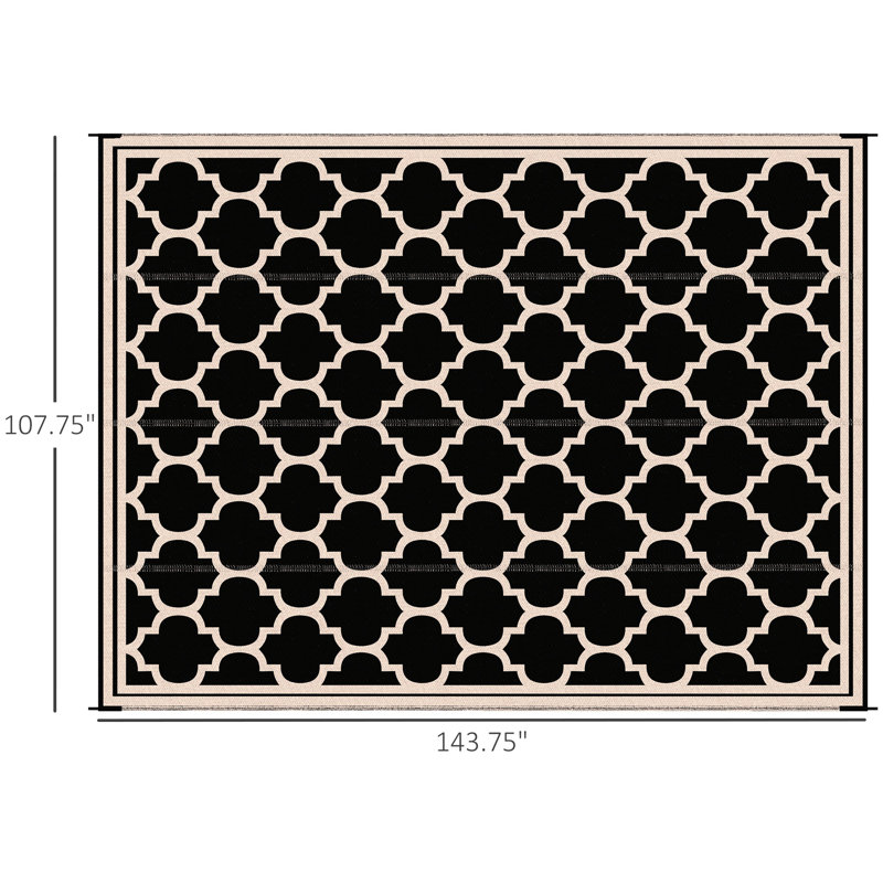 Reversible Backyard Mat, 9' X 12', Waterproof Outdoor Camping Rug With Carry Bag, For Deck, Picnic, Beach, Black Portable Patio Mat Carpet, Backyard, Polypropylene