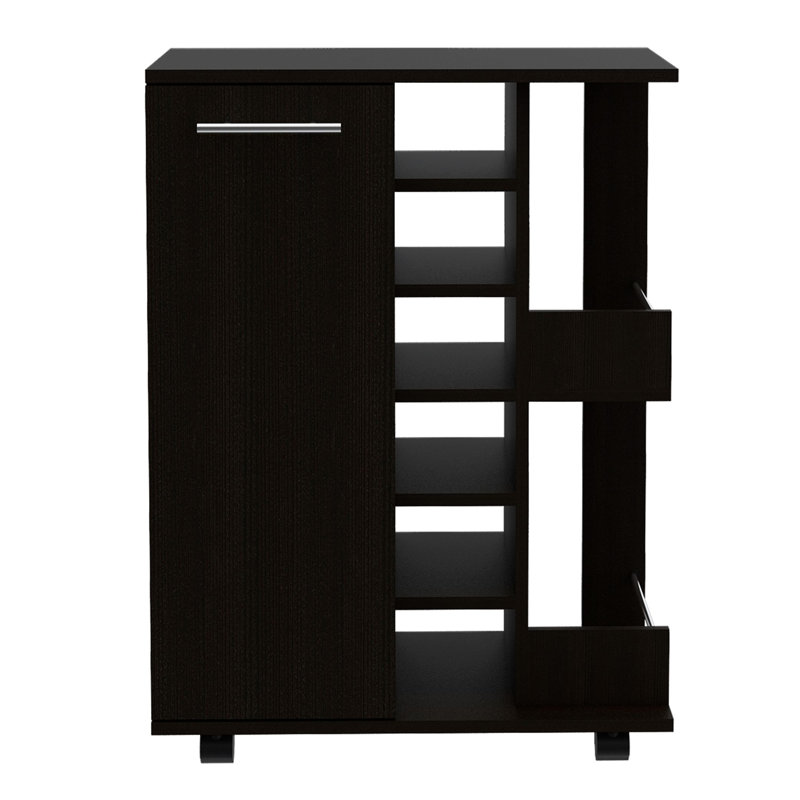 2-Shelf 6-Bottle Bar Cart with Division Black Wengue, Black