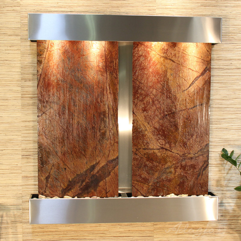 Aspen Falls Wall Fountain with Light, Rainforest Brown Marble, Stainless Steel