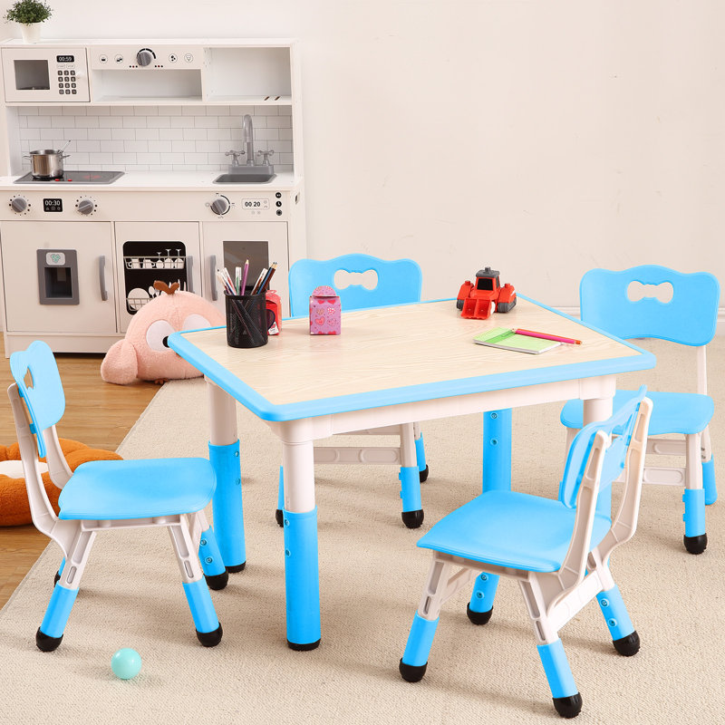 Ensemble de table et 4 chaises réglables pour enfants - Bureau d'activité antidérapant durable - Surface graffiti facile à nettoyer - Polyvalent pour le bricolage, l'étude et le jeu - 2 à 10 ans - Maison, zone d'étude, garderie - Bleu