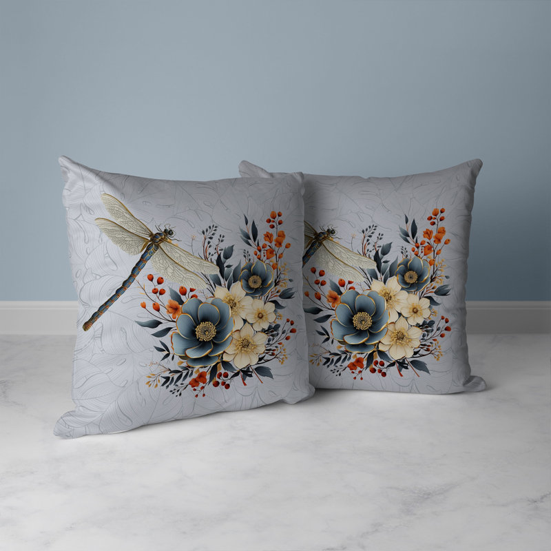Coussin décoratif intérieur / extérieur Dragonfly Haven, Bleu / Orange / Gris, H 16 po x l 16 po