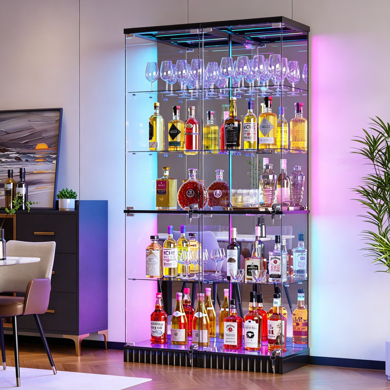 67''H Bar Cabinet with RGB Lights and Motion Sensor, Lockable Wine Cabinet with 5-Tier Display Shelves, Black