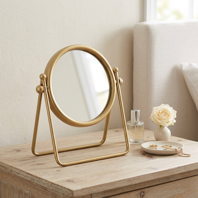 Clarimond Metal Standing Round Table Mirror - Gold, Gold