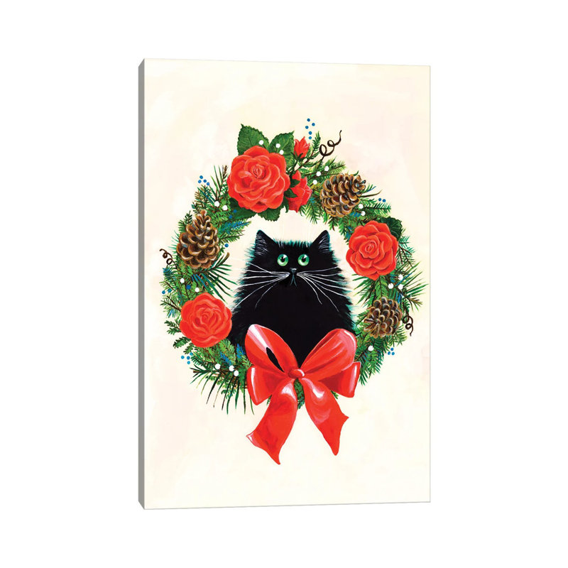 «Black Cat In Rose Wreath» par Kim Haskins - impression sur toile tendue, H 12 po x l 8 po x P 0,75 po