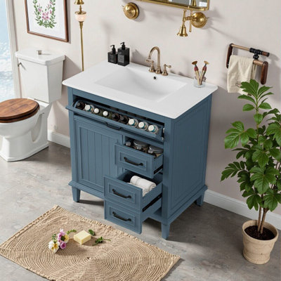Meuble-lavabo autoportant de 30 po avec lavabo en céramique, structure en bois massif
