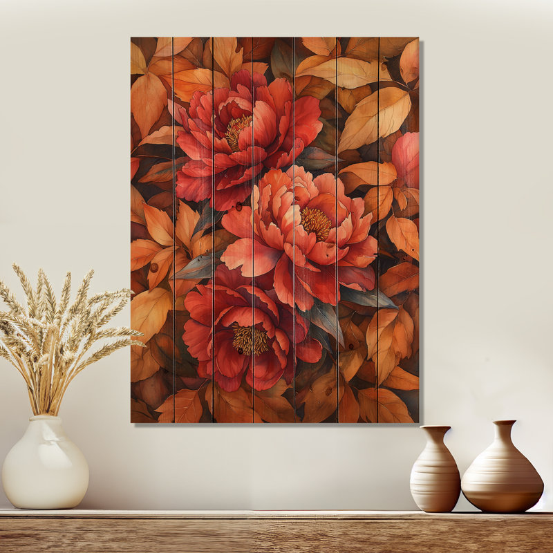 Pivoines rouges parmi les feuilles d'automne III - décoration murale en bois de pivoines - sur bois de pin naturel