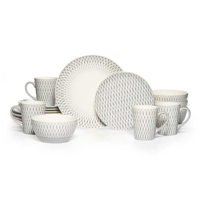 Aurora Gray Geometric Stoneware Dinnerware Set, Service for 4