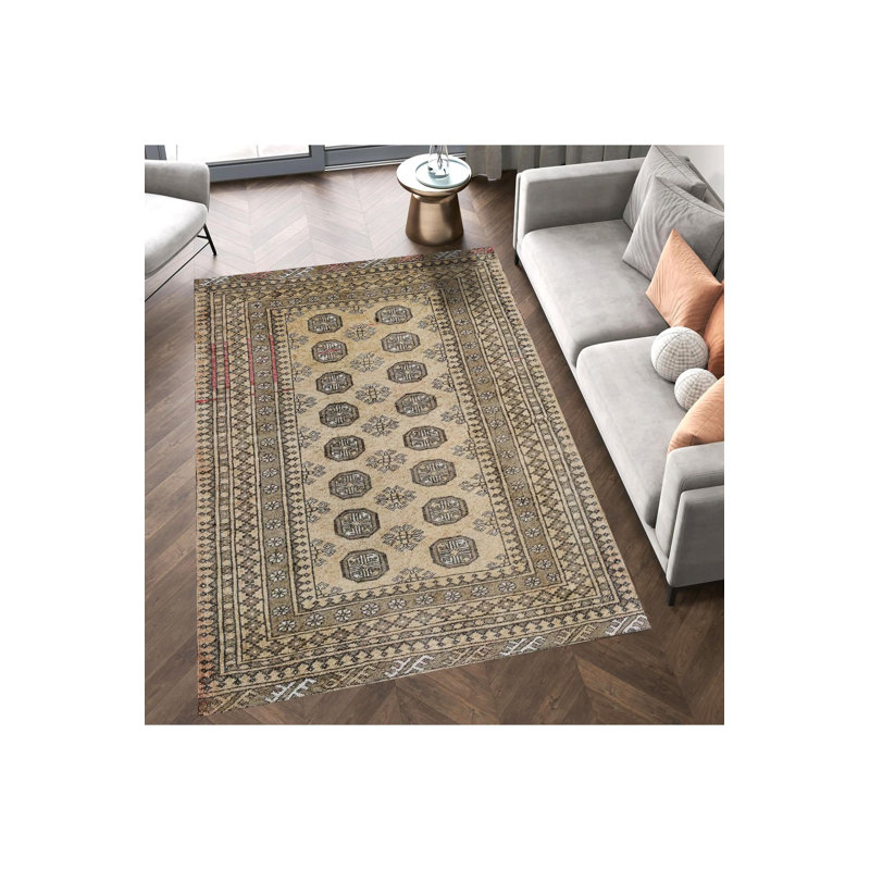 Tapis bohémien décoratif clair à motif traditionnel brun clair, Sous-tapis rectangulaire de 3 pi 3 po x 4 pi 11 po