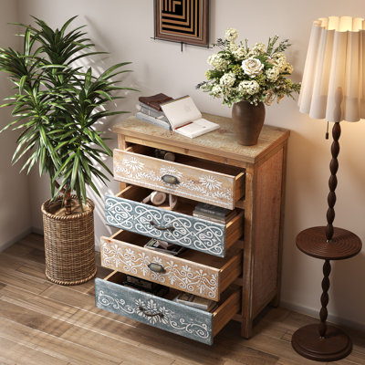 Vintage 4-Drawer Chest With Distressed Wood & Ornate Pattern Design, Rustic Storage Dresser For Bedroom/Living Room