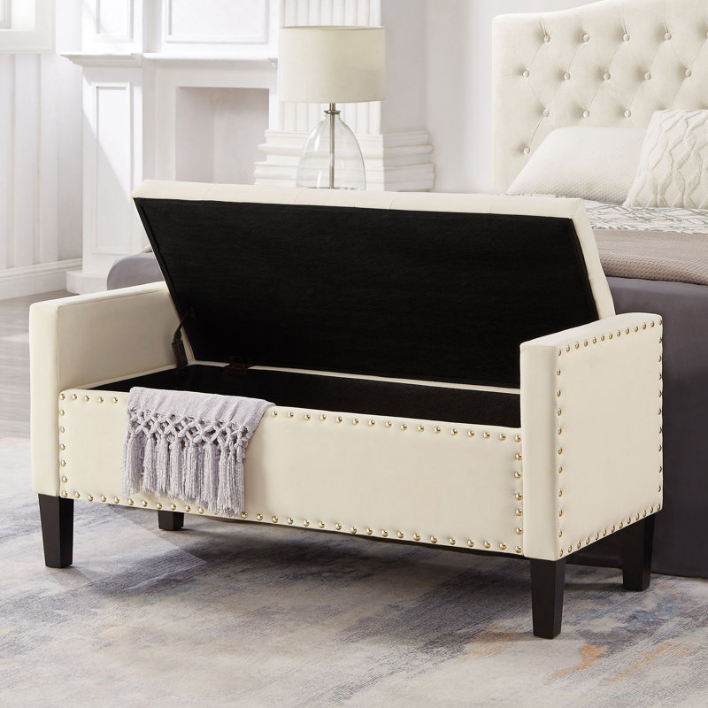 Hasaun Velvet Upholstered Storage Bench, Cream