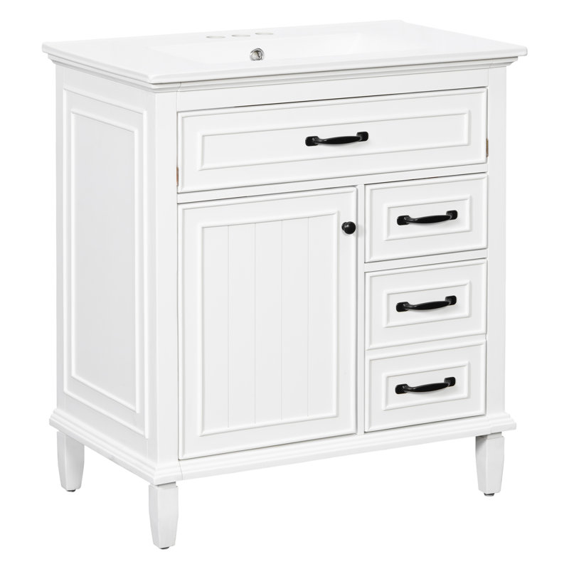 30" Freestanding Bathroom Vanity With Ceramic Sink, Solid Wood Frame Cabinet With 1 Flip Drawer, 2 Drawers And Door Storage Rack