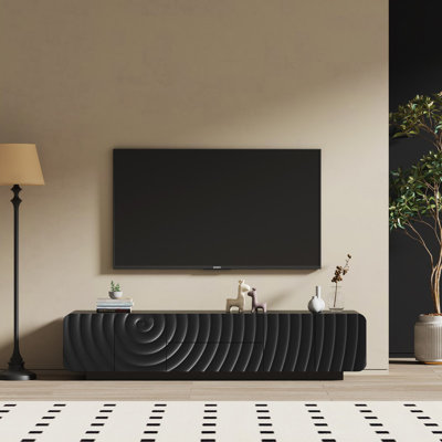 70 Inch Black TV Console with Unique Spiral Wave Front Design, Floating Base Media Cabinet with 2 Drawers and Storage Compartments, Modern Entertainment Centre for TVs Up to 85 Inches