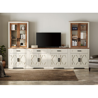 Farmhouse Mid-Century Modern TV Stand For Tvs Up To 70", 5-Tier Storage, Tall Bookshelves & Barn Doors, Media Console For Living Room Bedroom, White Oak