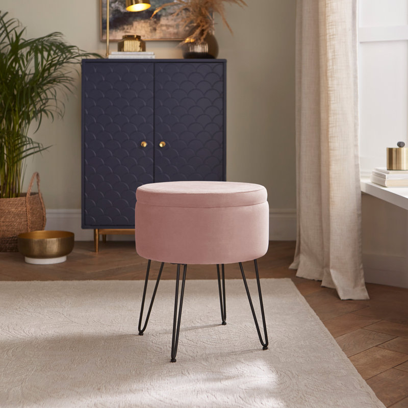 Tamicka 38cm Wide Velvet Round No Pattern Pouffe Ottoman with Storage, Blush Pink