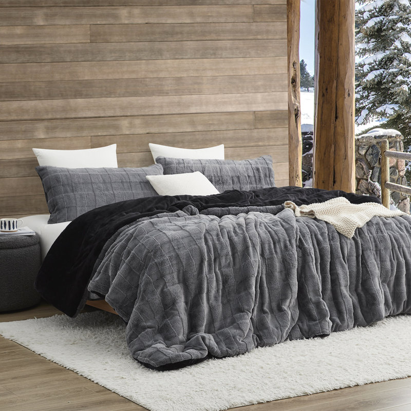 Ensemble d'édredon en fausse fourrure Coma, Édredon pour très grand lit + 2 très grandes ta, Gris