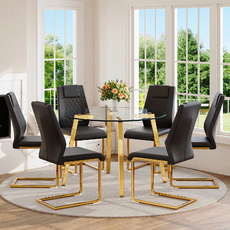 Ensemble de table de salle à manger ronde moderne, plateau de table en verre trempé et chaises avec pieds en métal doré, Noir
