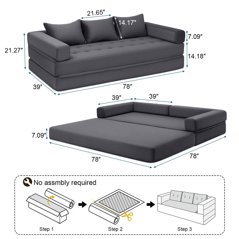 Canapé-lit convertible 78 po, canapé de plancher pliant en velours côtelé, 21.27" H x 78" W x 39" D