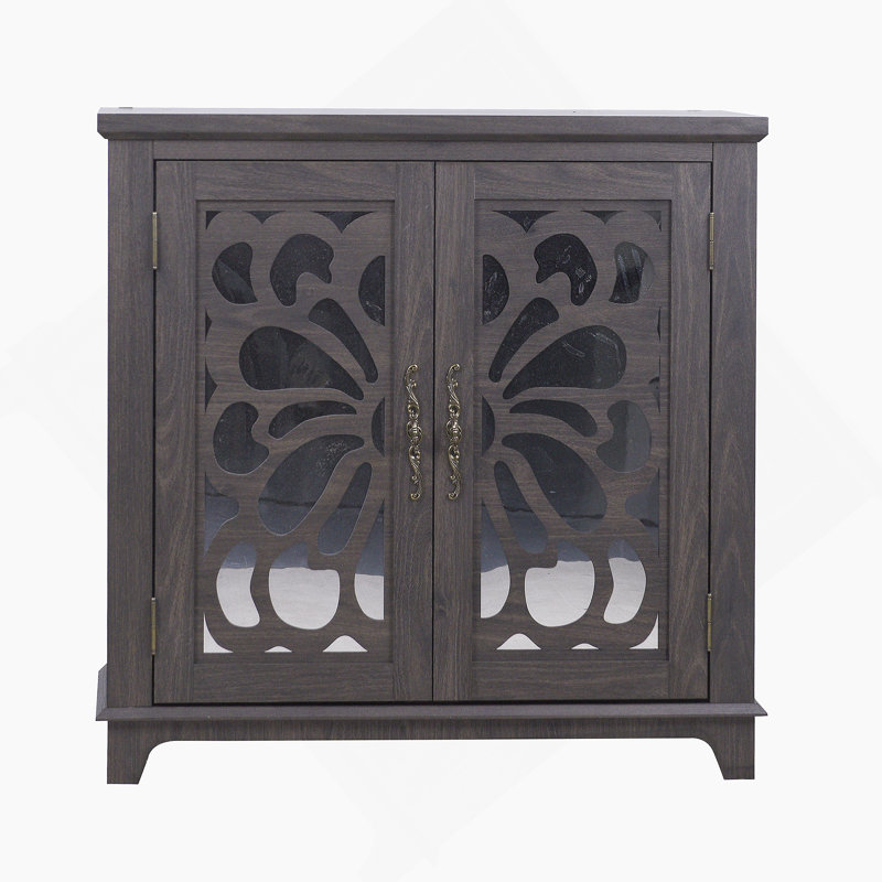 Elegant Sideboard With 2 Acrylic Mirrored Doors Sideboard And Buffet With Storage, Hollow-Carved Accent Cabinet Brown Laminates And MDF Substrate, Spacious Space Adjustable Shelf, Living Room, Kitchen