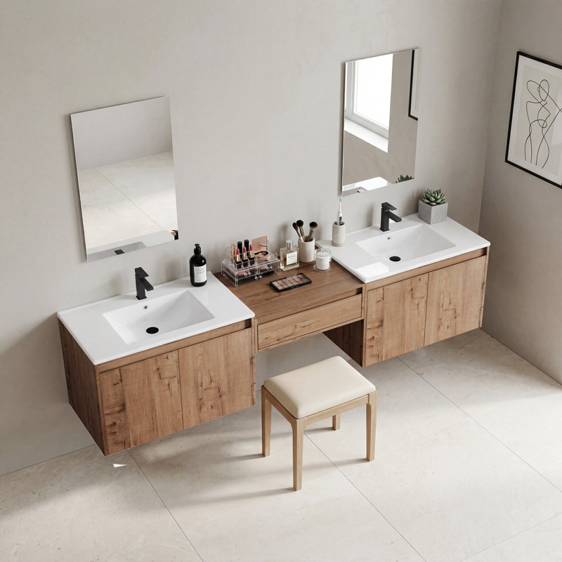 Meuble-lavabo double 84 po avec lavabo à maquillage, lavabo en céramique et conception sans poignée, Bois naturel, 84"