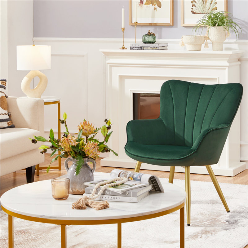 125kg Load Capacity Modern Accent Chair with Wing Side and Metal Legs, Green Velvet, Gold