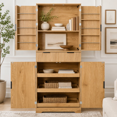 72" Fluted Kitchen Pantry Cabinet with 3 Keyboard Drawers  6 Door Shelves Adjustable, Freestanding Cupboard Storage Cabinet