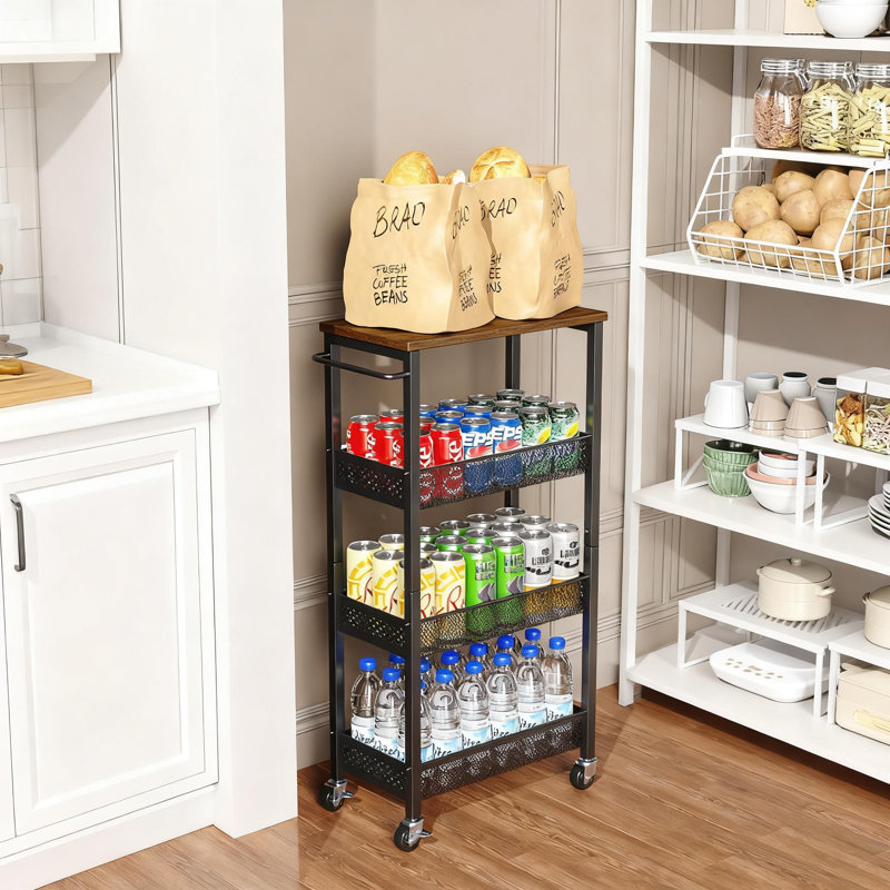 4-Tier Slim Rolling Storage Cart With Wood Top, Narrow Space Organizer For Bathroom, Kitchen, Laundry Room, Durable Metal Utility Cart With Wheels For Small Spaces