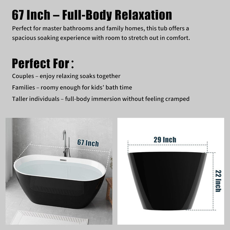 Baignoire autoportante noire 59/67 po, baignoire en acrylique avec bonde chromée, certifiée cUPC