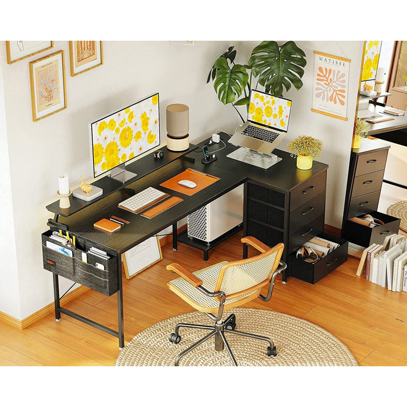 Yatendra L-Shaped Metal Base Writing Desk with Power Outlet, Black