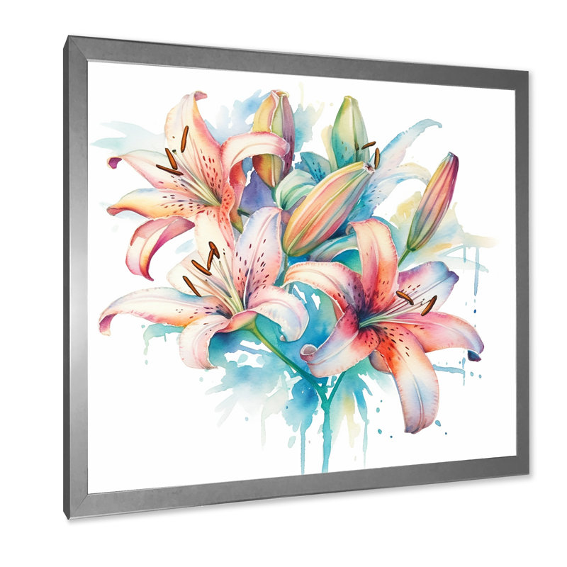 Aquarelle élégante lis pureté III sur toile, Cadre simple argenté, H 16 po x l 16 po x P 1 po
